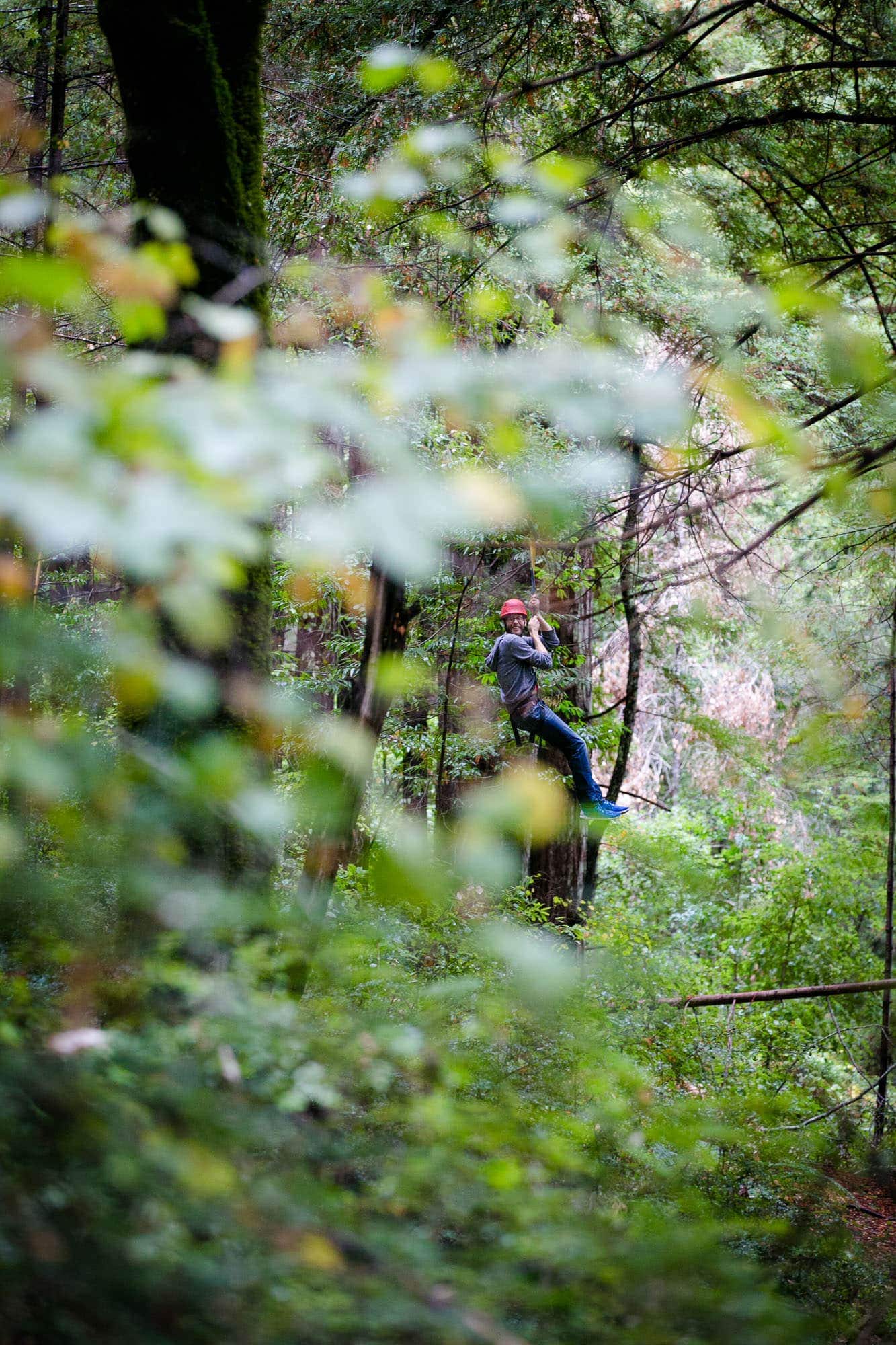 person ziplining through the woods