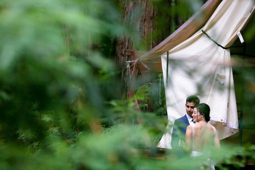 Bride and groom together in the woods