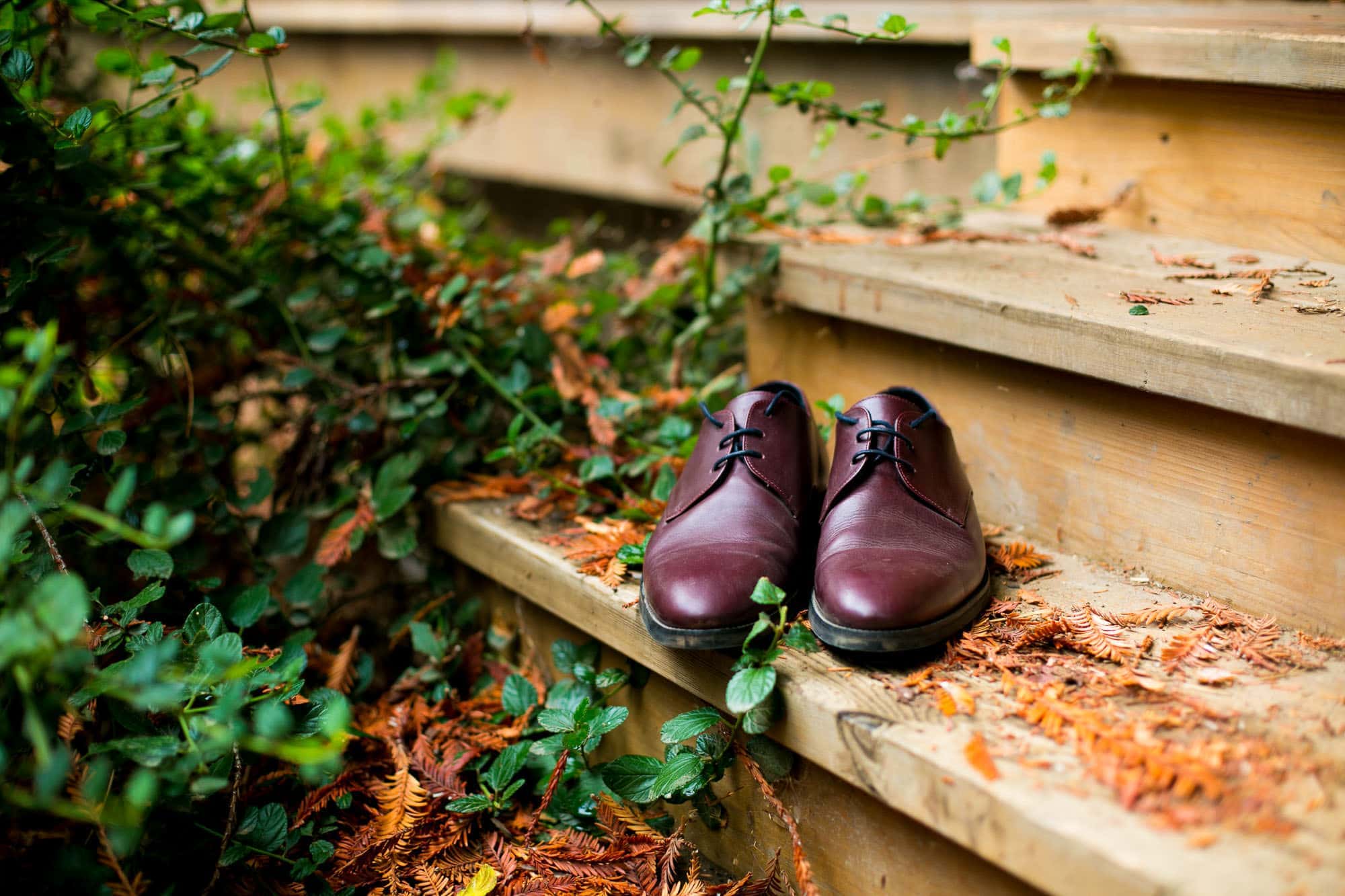 detail of grooms brown shoes on steps with leaves in the background