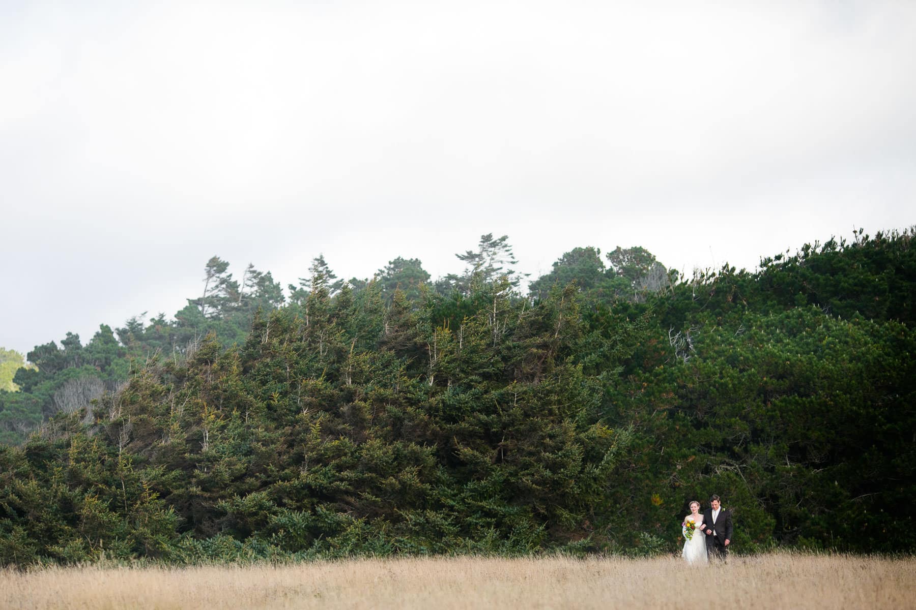 Bride and her father walking trhorugh a field far away