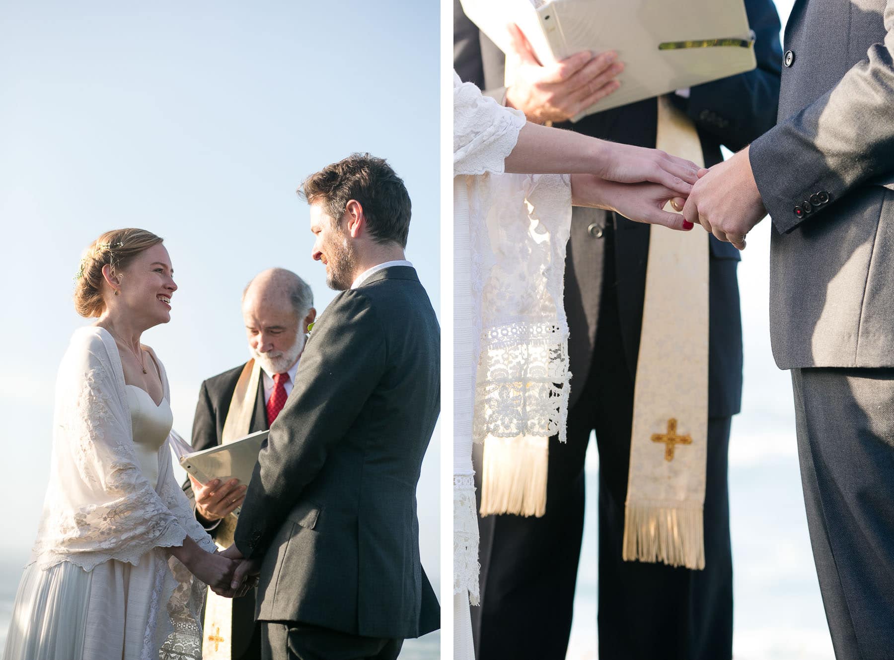 two photos of Bride and groom looking at each other and holding hands