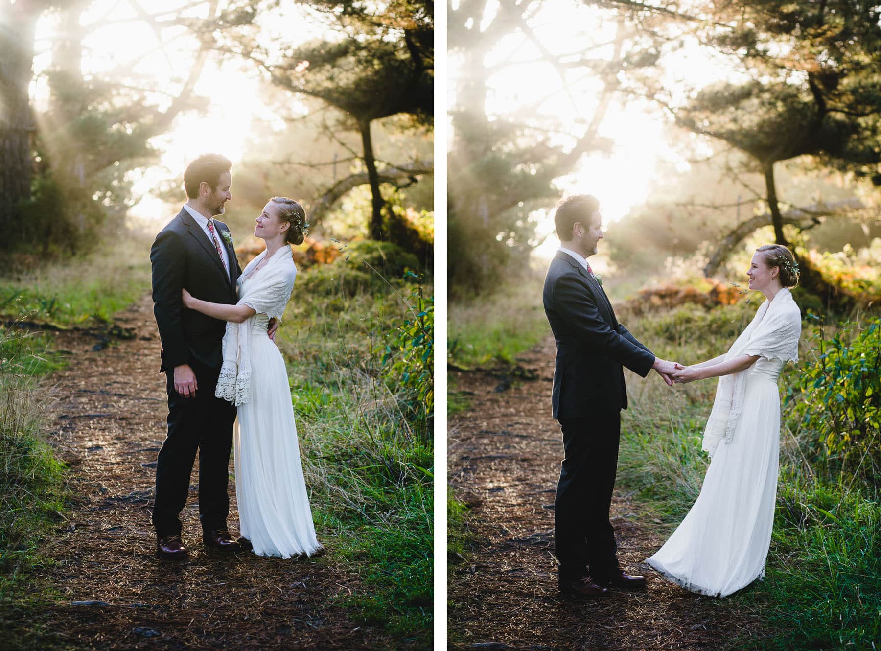 Two photos of Bride and groom looking at each other and holding hands