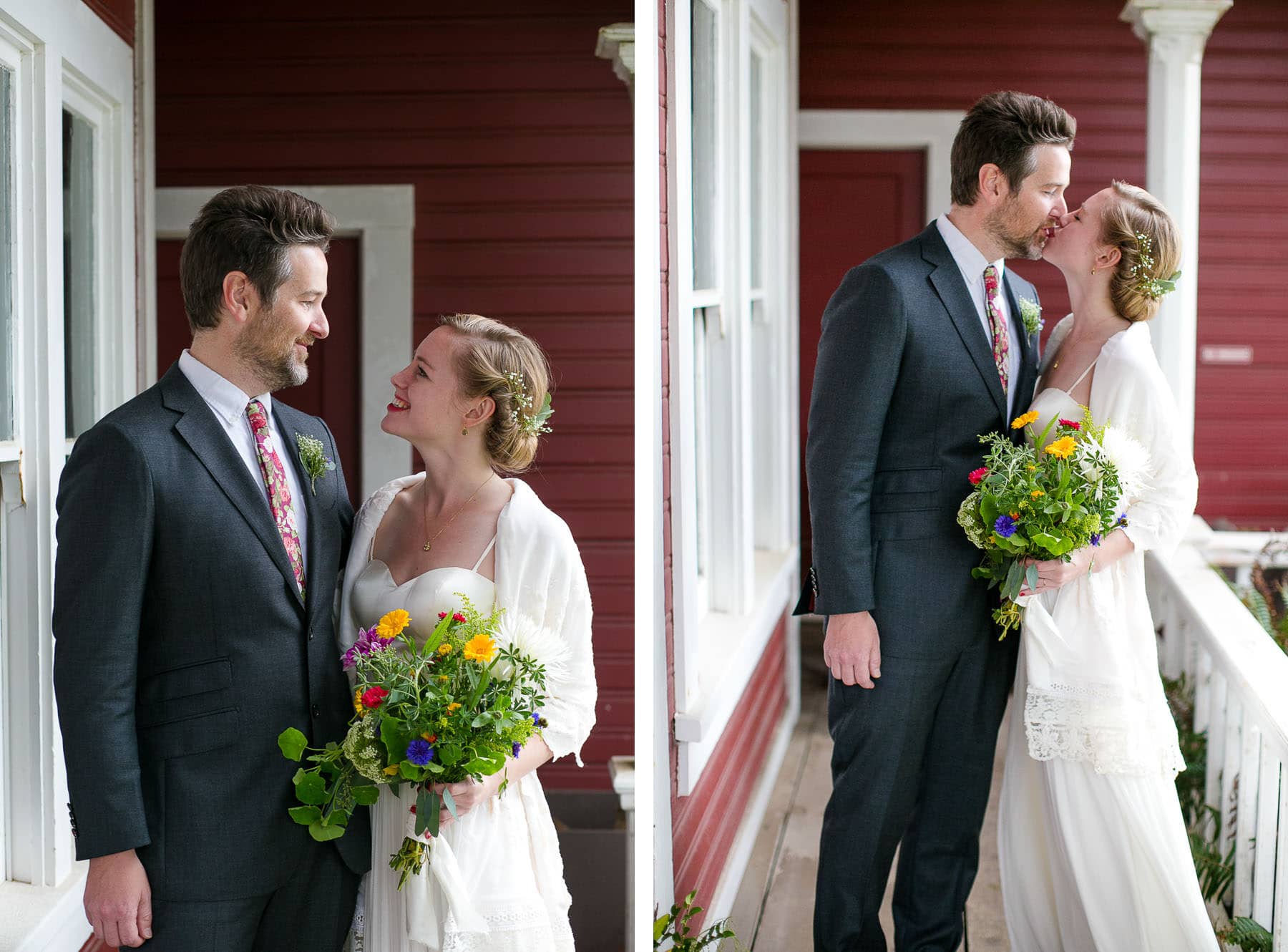Diptych of Groom and bride on porch of red house in wedding clothes