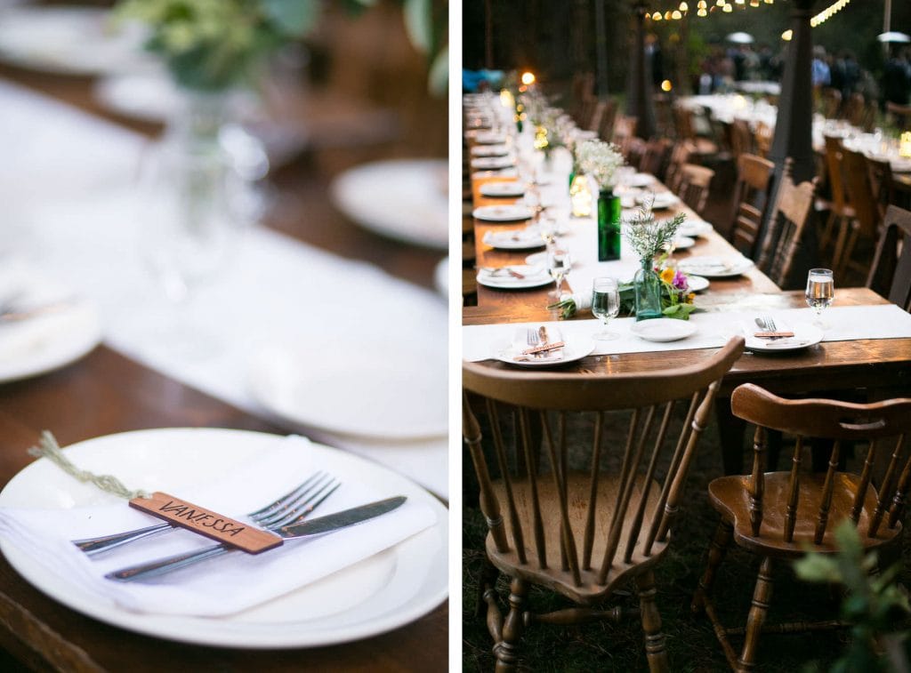 Two photos of a long wooden table and the dinner plates on top