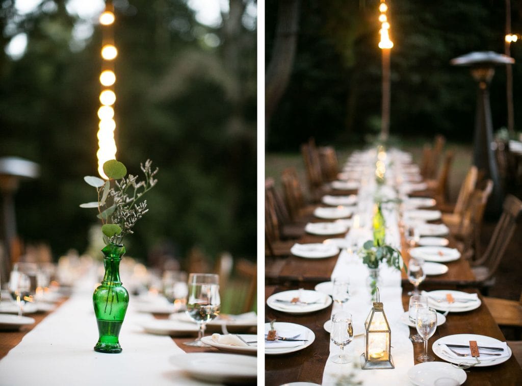 details of the place settings at an outdoor woodsy wedding reception