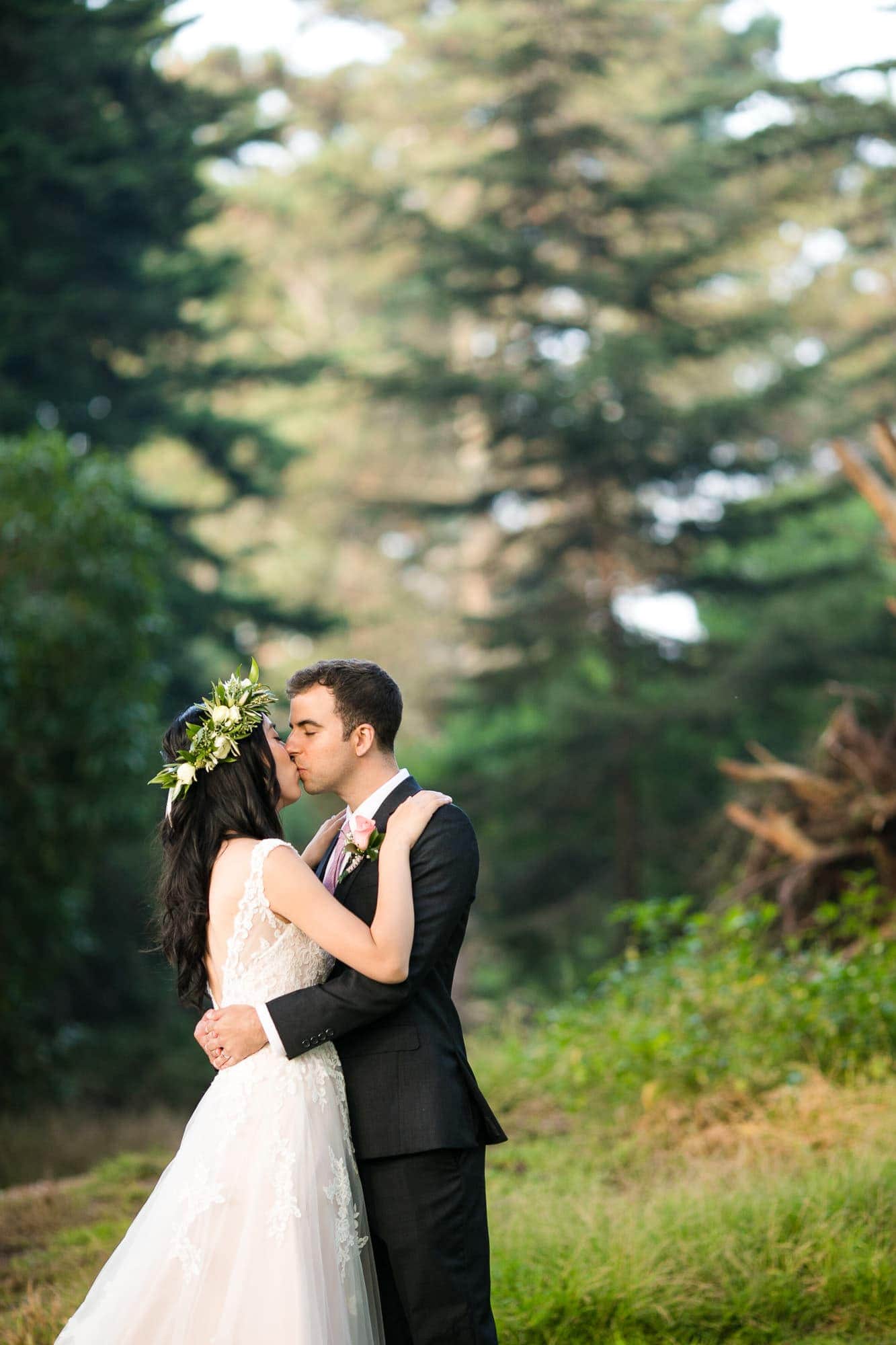 Wedding portraits of bride and groom post ceremony in Golden Gate Park
