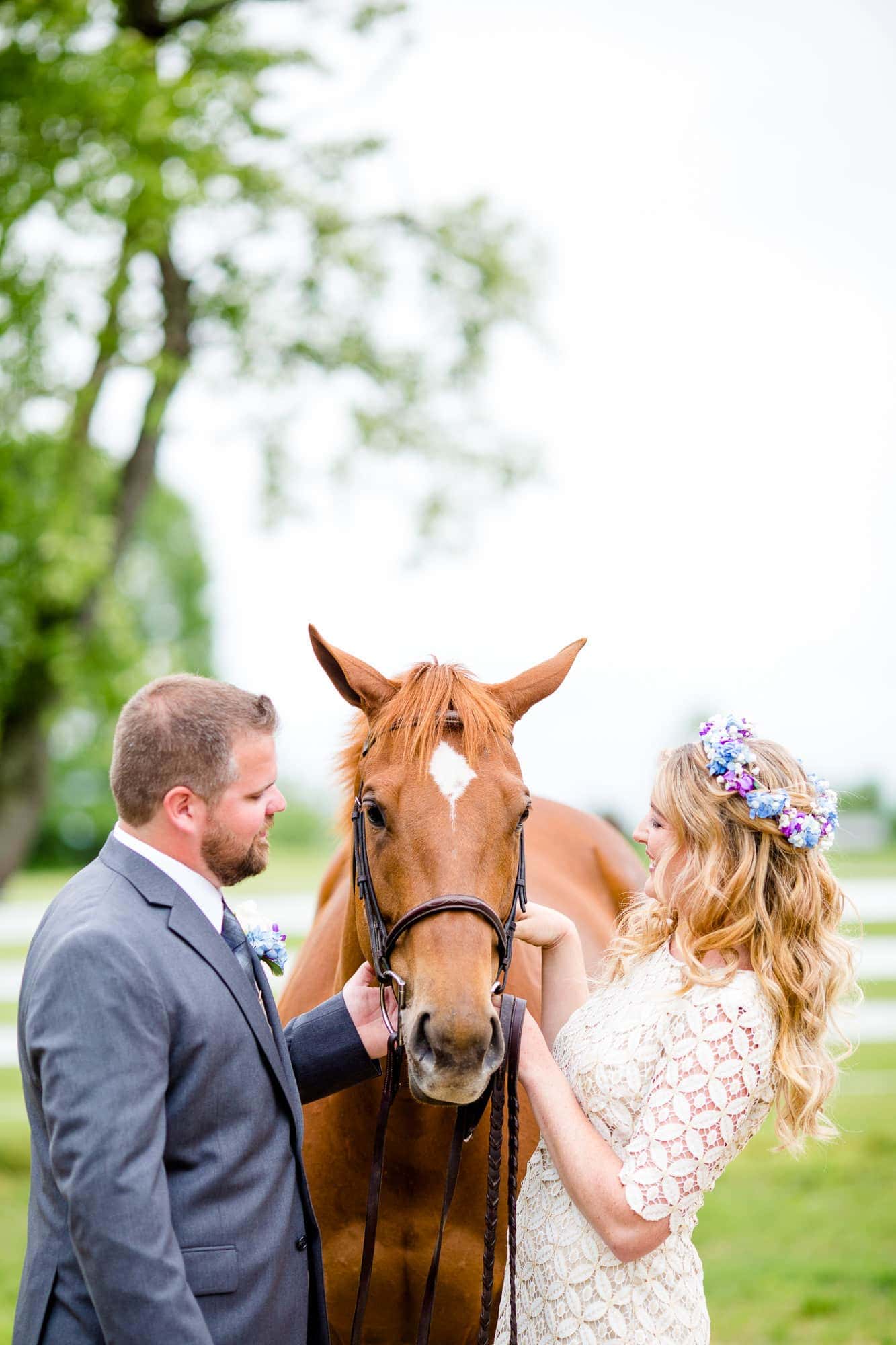 Pennsylvania groom and bride in a flower crown do portraits with a brown horse