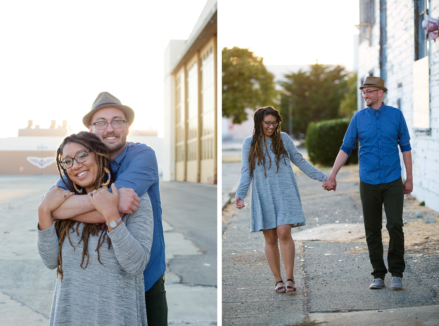 Two images of couple walking and embracing on the street at sunset