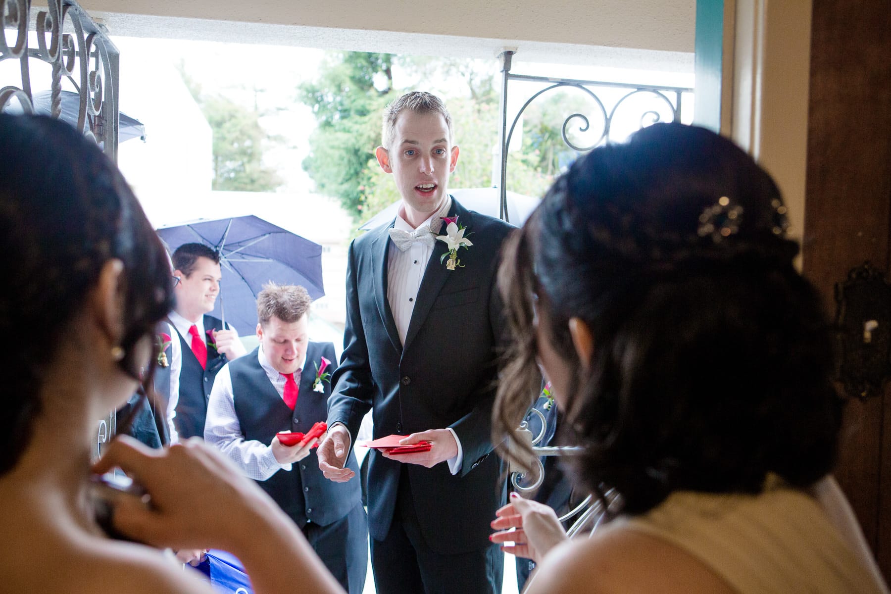 Groom playing door games paying to come inside