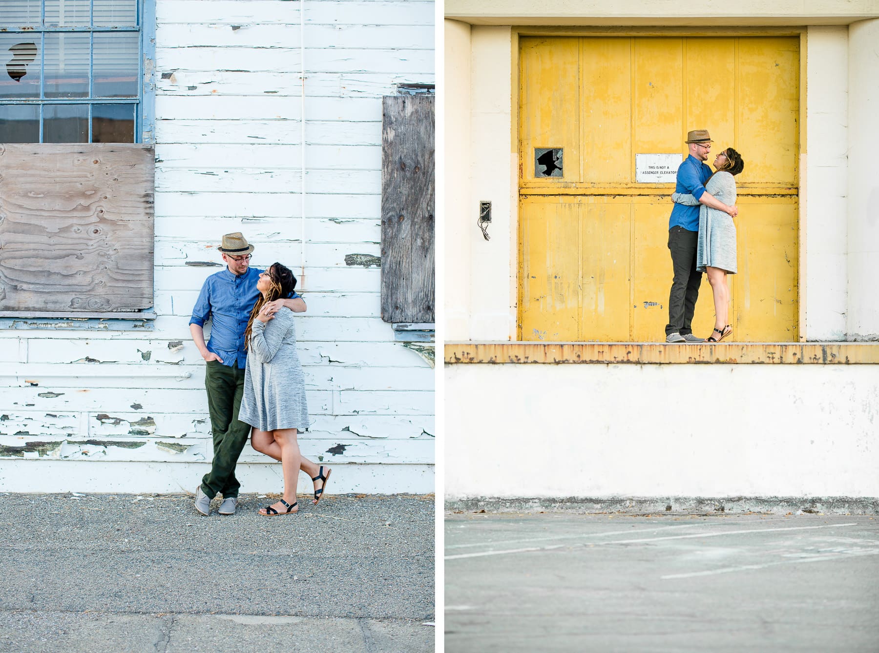 Two photos of a couple looking at each other on a blue and yellow building