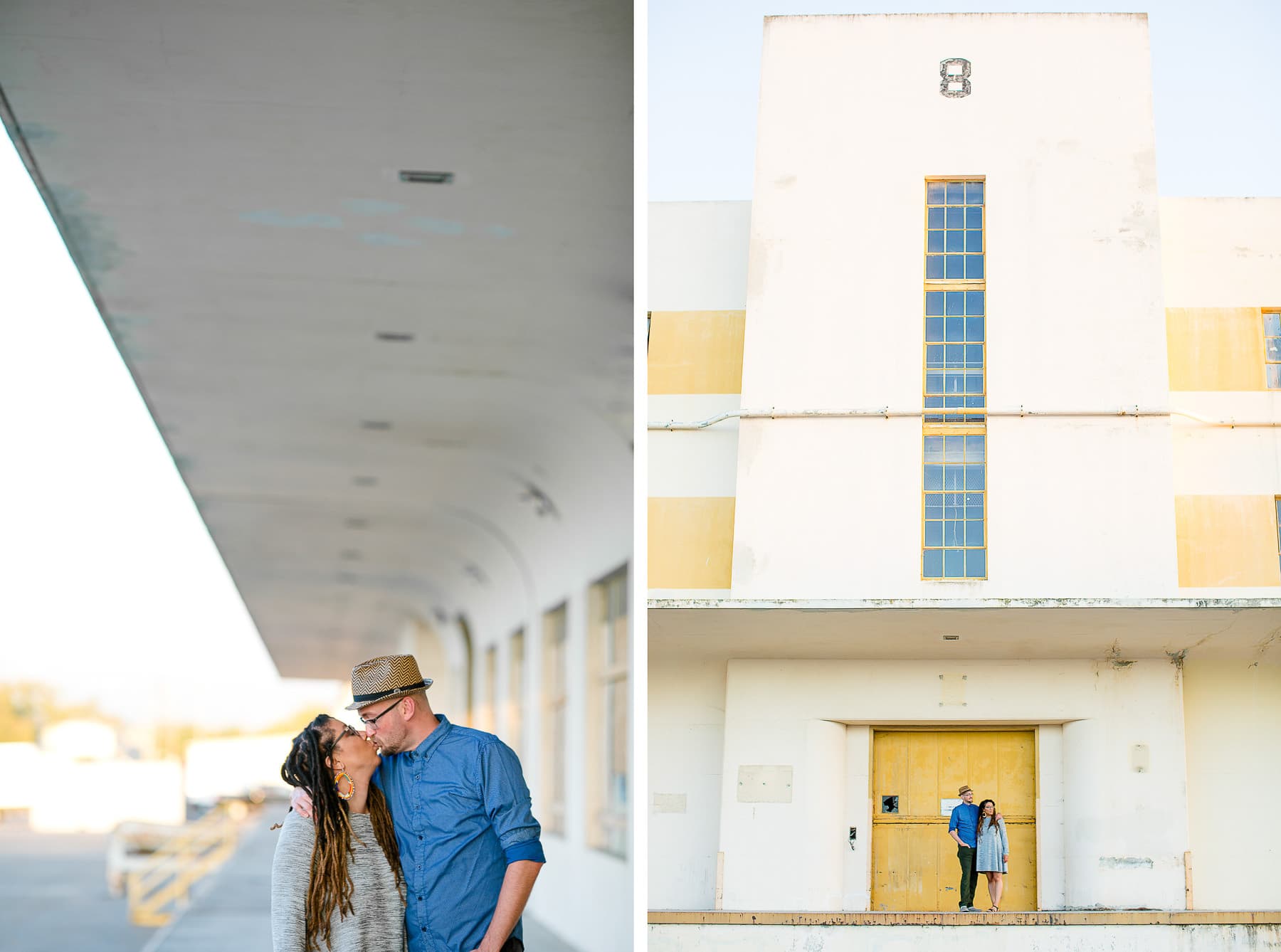 Couple kissing on an abandoned loading dock