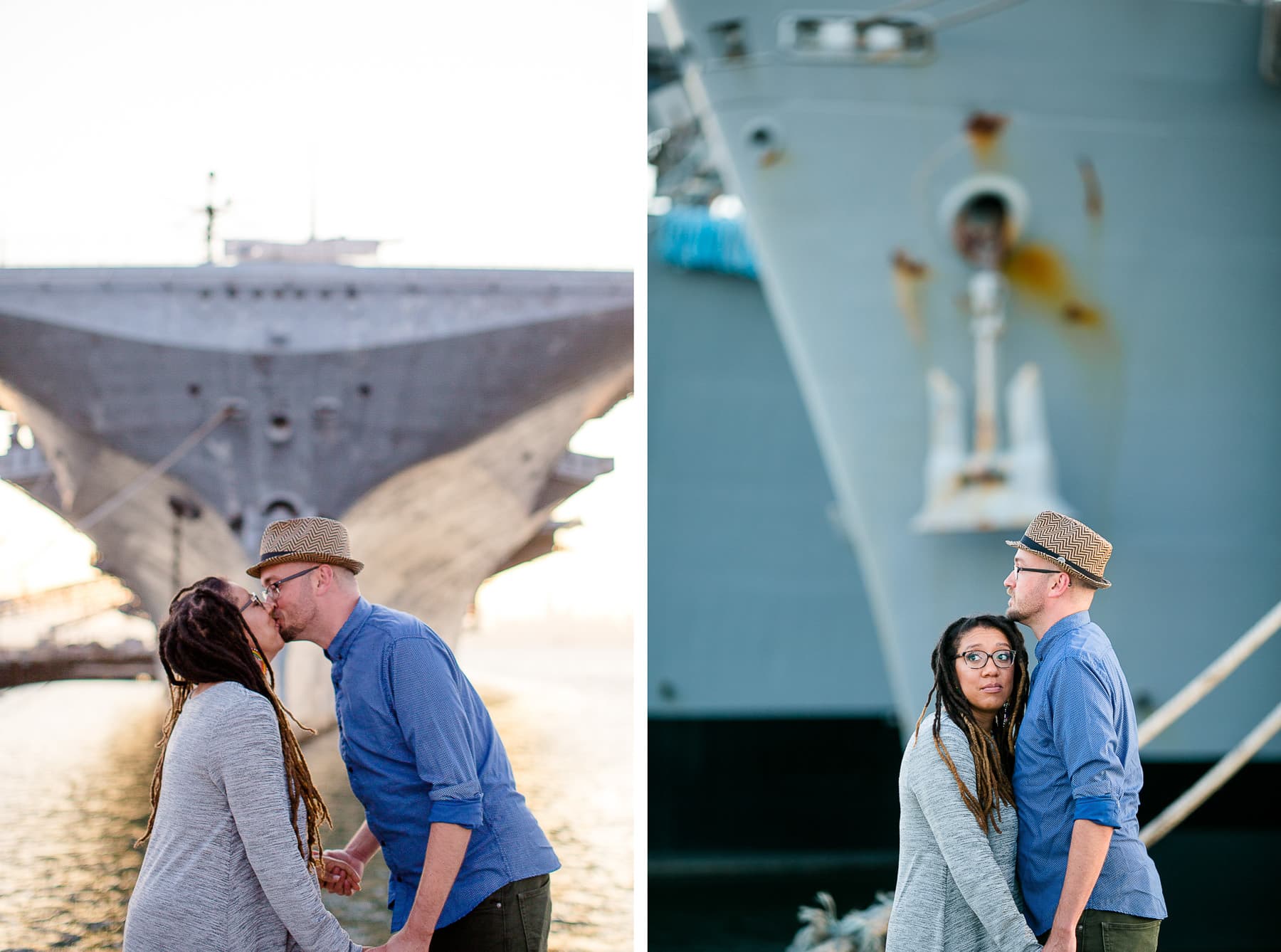 Two images of a couple embracing in front of a Navy Ship