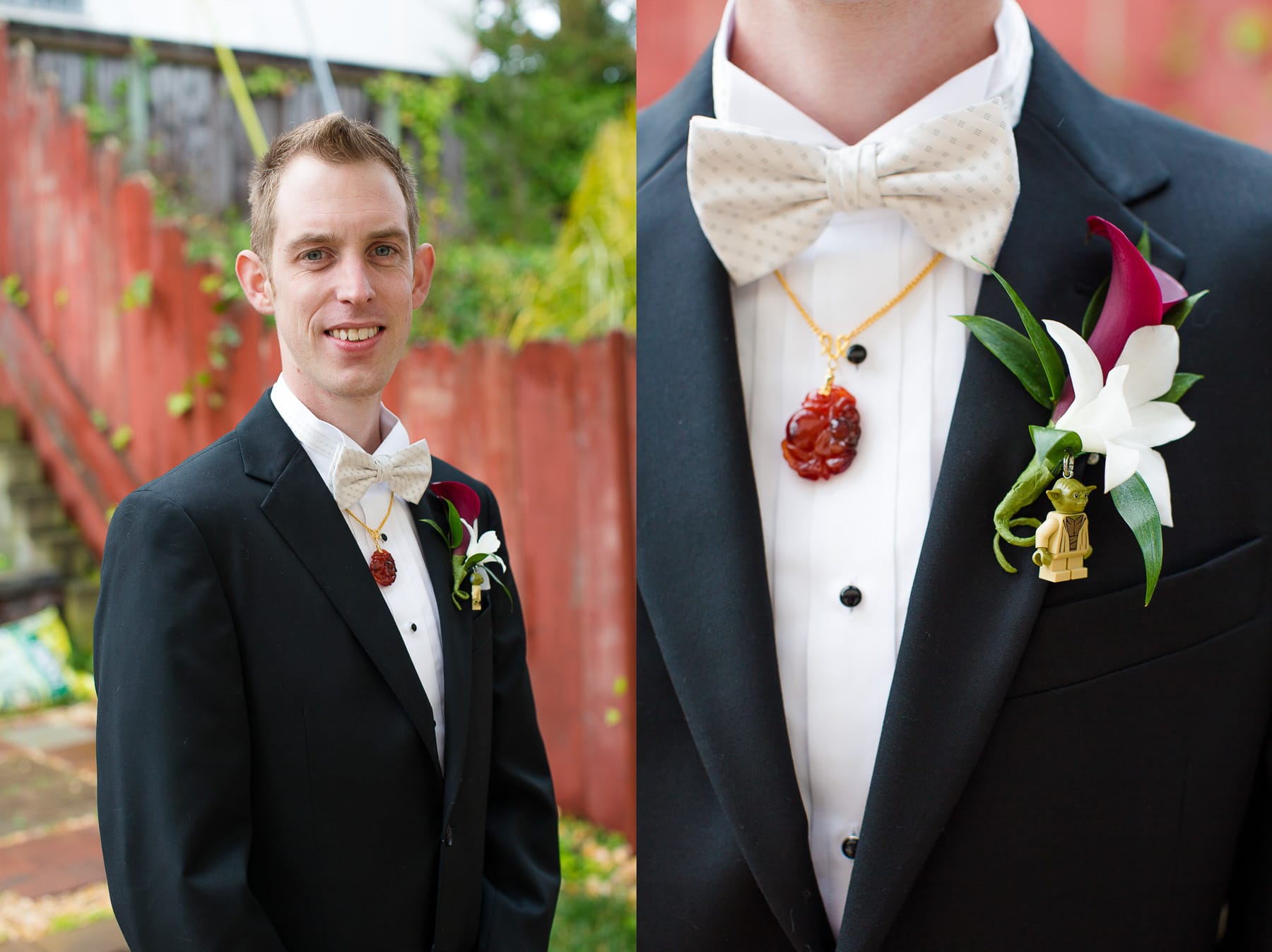 Groom in suit with white bowtie
